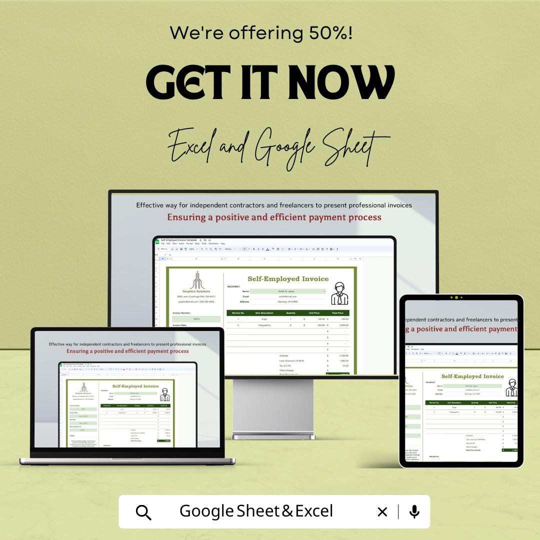 Self Employed Invoice Template | Freelance Billing Sheet | Google Sheets and Excel | Printable & Editable | Instant Download