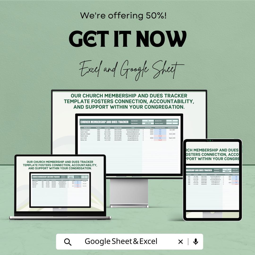 Church Membership and Dues Tracker Template | Tithes and Offerings Tracker | Church Finance Spreadsheet | Membership Database