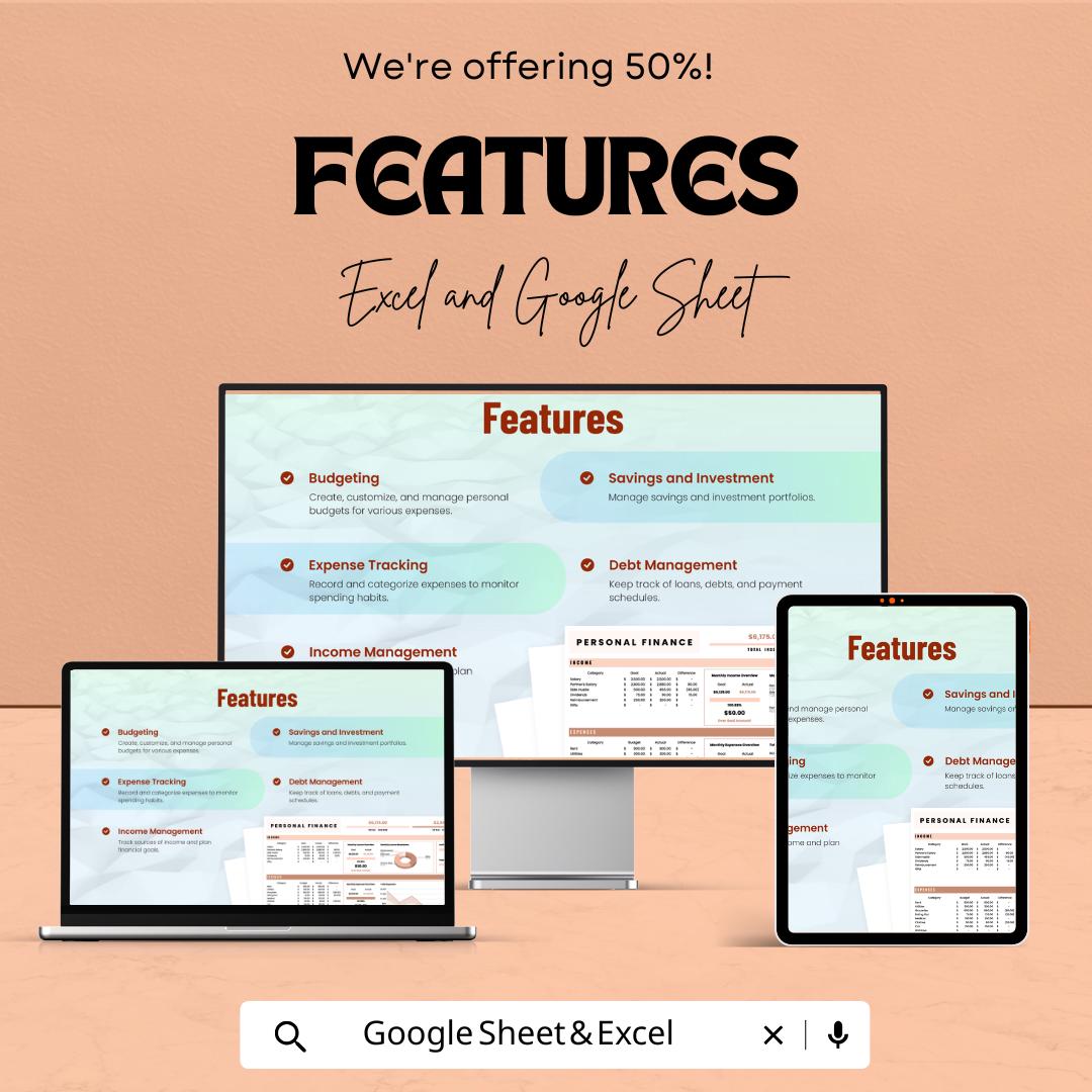 Complete Personal Finance Sheet - Excel and Google Sheets Template for Budgeting, Tracking Income & Expenses - 50% Off
