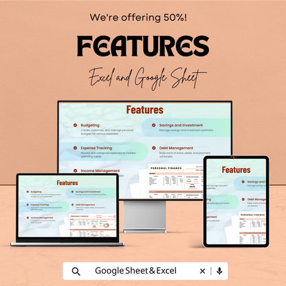 Complete Personal Finance Sheet - Excel and Google Sheets Template for Budgeting, Tracking Income & Expenses - 50% Off