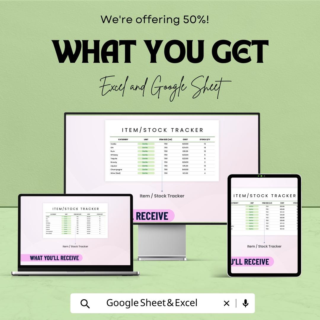 Liquor Inventory Template Excel & Google Sheets | Bar Inventory Spreadsheet | Alcohol Stock Tracker | Liquor Stock Management Log