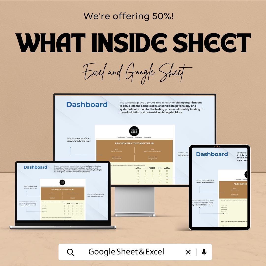 Psychometric Test Analysis HR Template | Excel & Google Sheets | HR Assessment Tool | Candidate Evaluation Sheet | Hiring Decision Dashboard