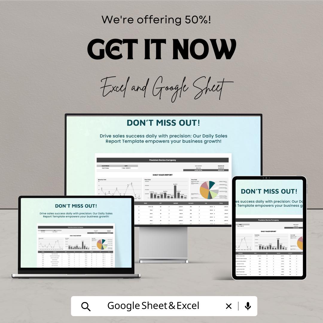Daily Sales Report Template | Excel & Google Sheets | Sales Tracker Dashboard | Business Analytics Spreadsheet | Sales Performance Log