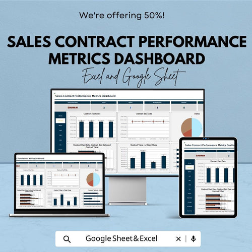 Sales Contract Performance Metrics Dashboard | Excel and Google Sheet Template for Tracking Contracts & Client Metrics | Real-Time Updates