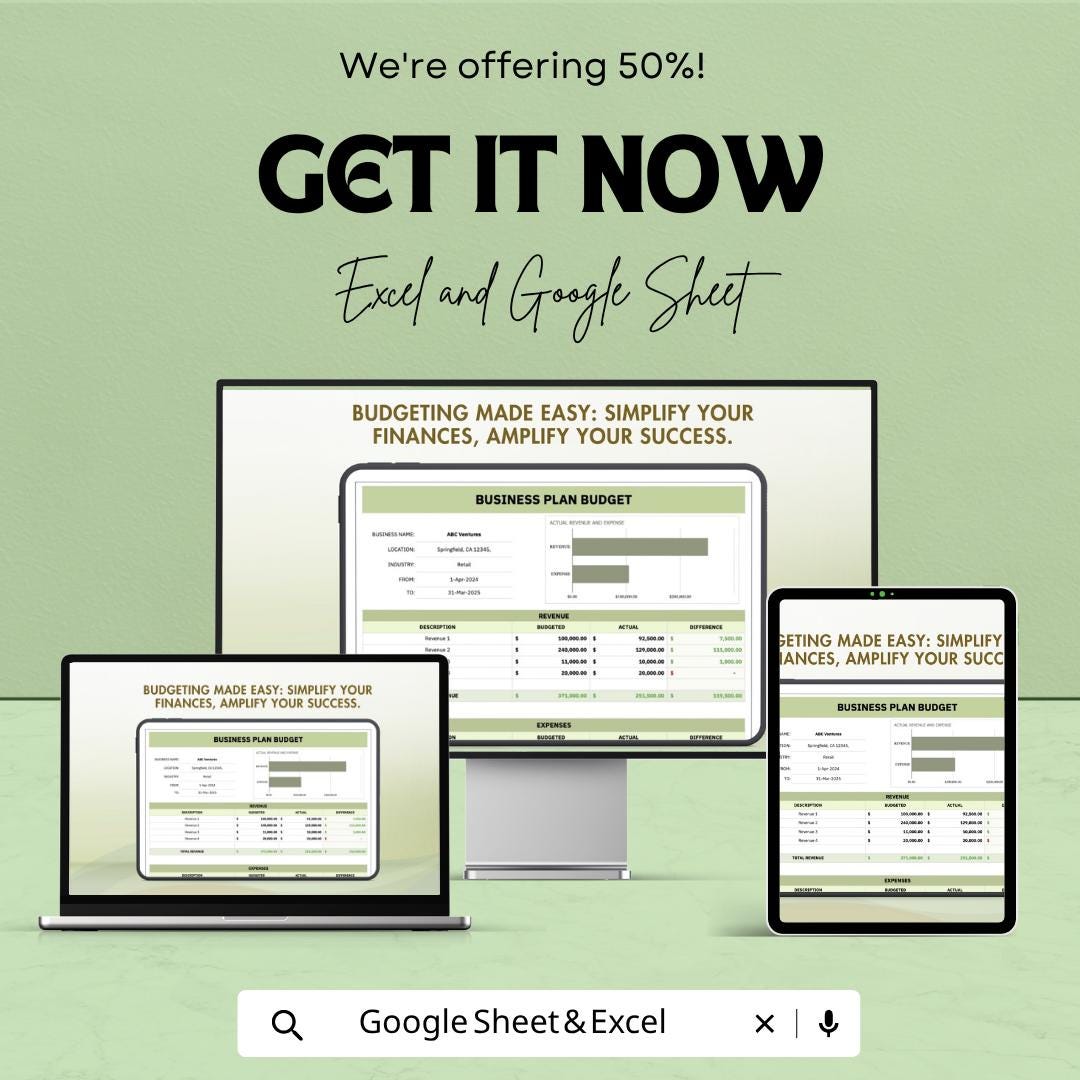 Business Plan Budget Template | Business Budget Spreadsheet | Financial Planning Tool | Revenue and Expense Tracker | Startup Budget Planner
