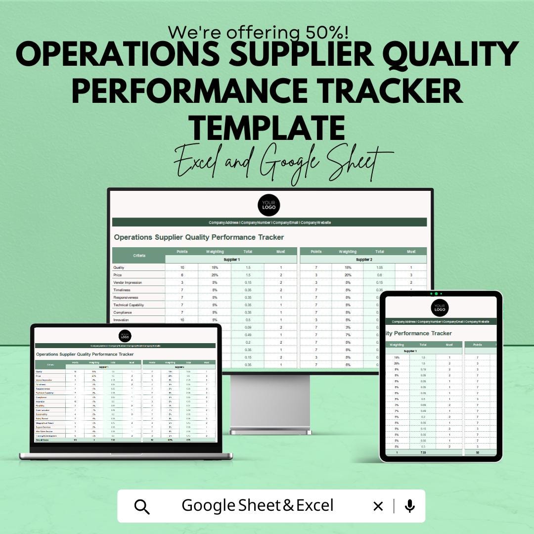 Supplier Quality Performance Tracker | Operations Supplier Evaluation Template | Vendor Quality Scorecard | Excel & Google Sheets