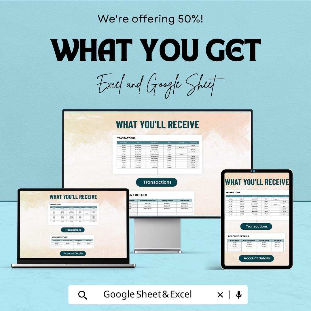 Account Transaction Log Sheet Template | transaction Tracker | Income Expense Log | Finance Tracking Spreadsheet | Account Ledger Template