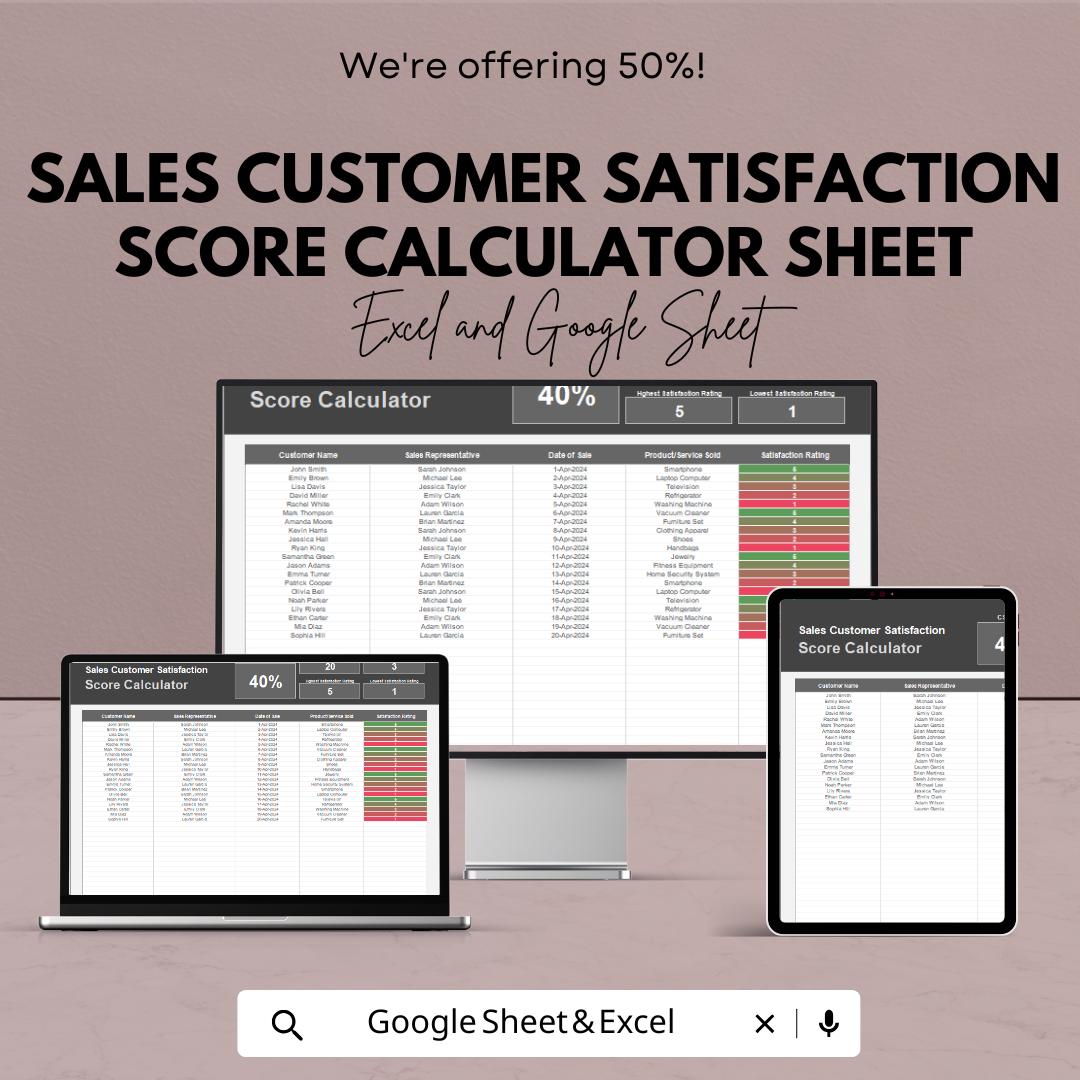 Sales Customer Satisfaction Score Calculator Sheet | Google Sheets & Excel Template | Track Customer Feedback and Sales Performance