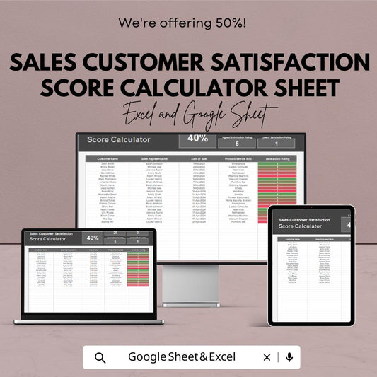Sales Customer Satisfaction Score Calculator Sheet | Google Sheets & Excel Template | Track Customer Feedback and Sales Performance