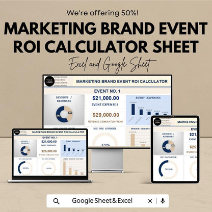 Marketing Brand Event ROI Calculator Sheet - Google Sheets  - Calculate Event ROI - Marketing Budget Tracker - ROI Performance Analysis