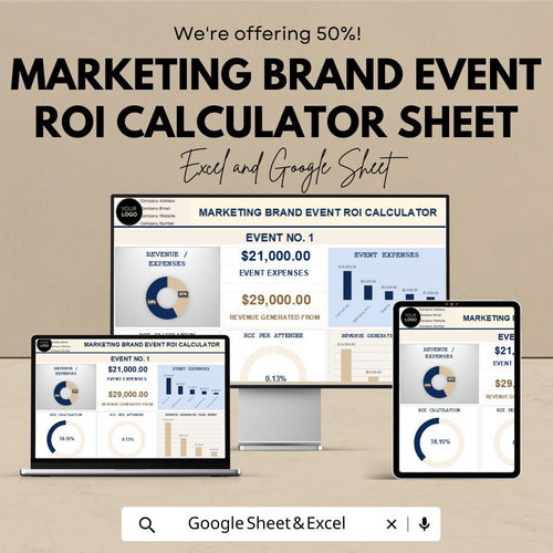 Marketing Brand Event ROI Calculator Sheet - Google Sheets  - Calculate Event ROI - Marketing Budget Tracker - ROI Performance Analysis