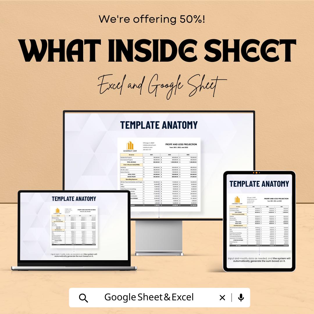 Profit and Loss Projection Template | P&L Statement Spreadsheet | Revenue and Expense Forecast | Business Finance Planner
