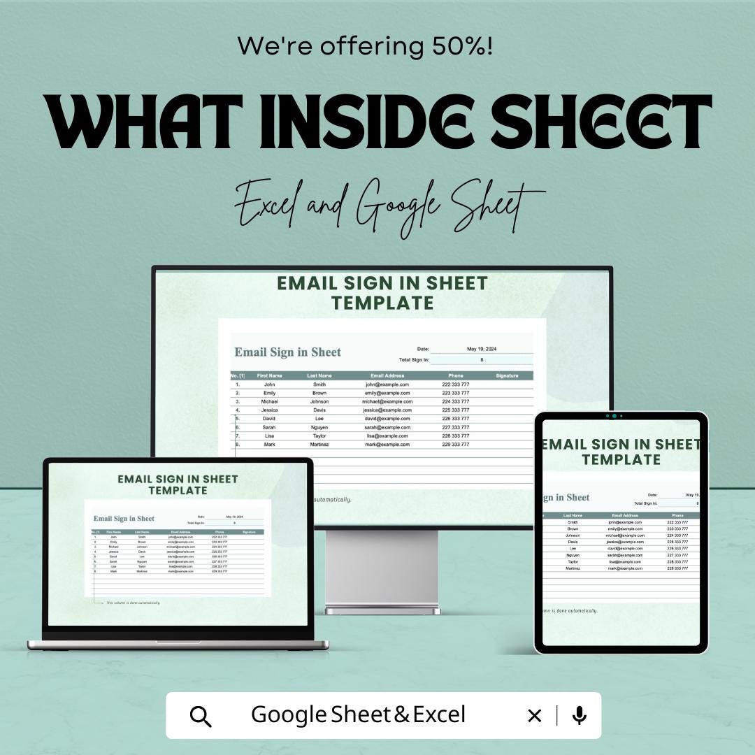 Email Sign-In Sheet Template | Excel and Google Sheets | Collect Emails & Contact Info | Editable | Instant Download