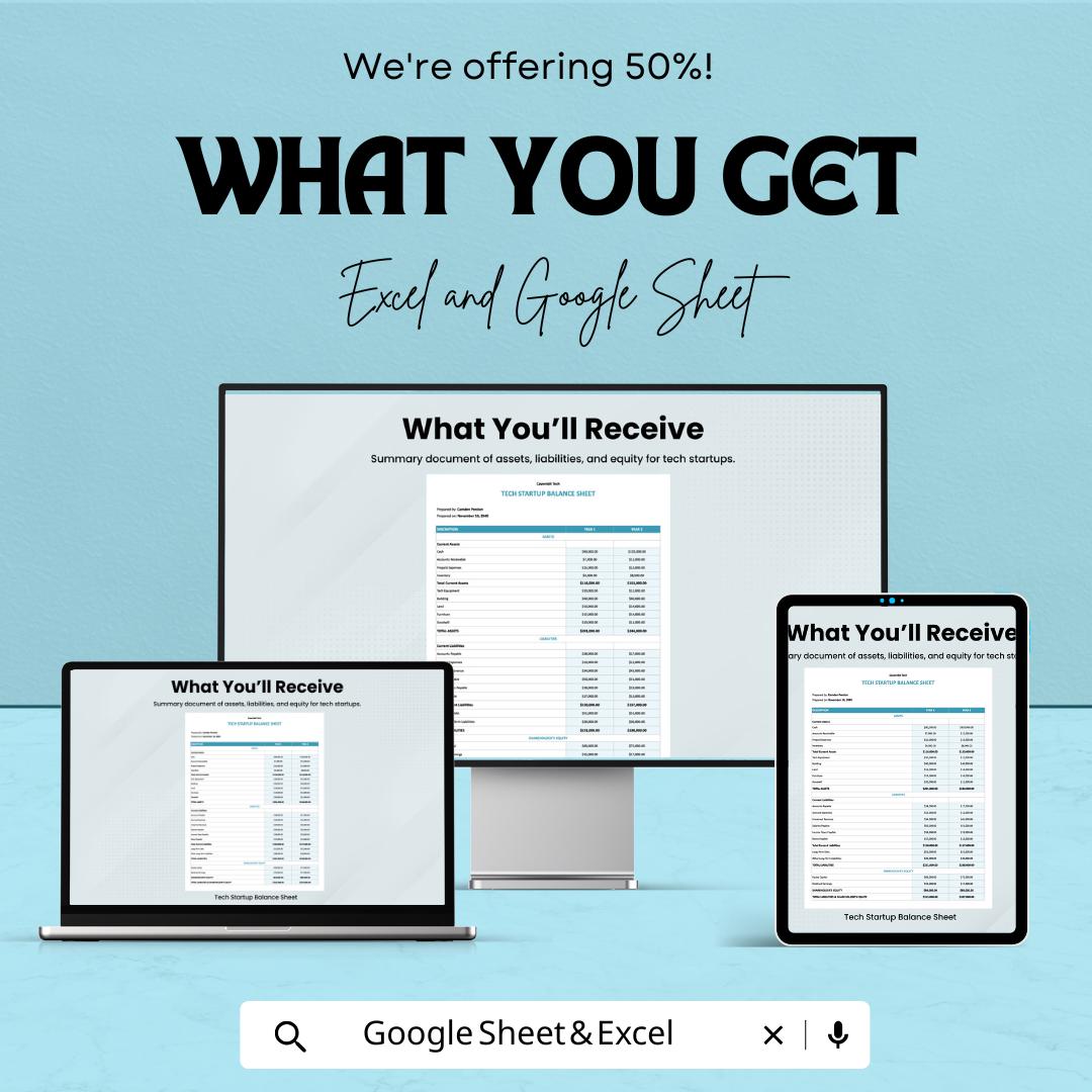 Tech Startup Balance Sheet Template | Excel and Google Sheet | Startup Financial Tracker | Assets Liabilities Equity Sheet