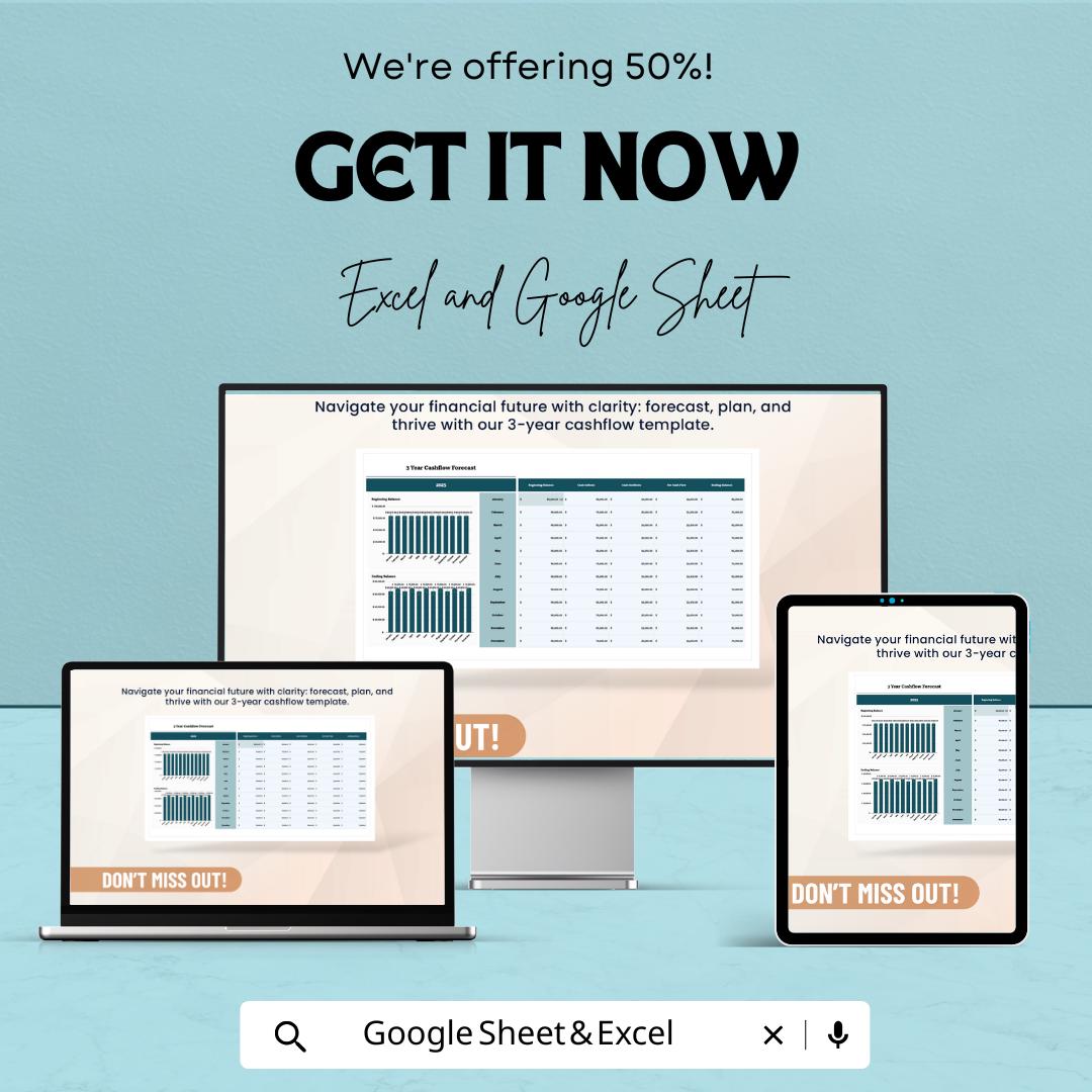 3 Year Cashflow Forecast Template | Cash Flow Projection Excel & Google Sheets | Financial Forecasting Template | Business Budget Planner