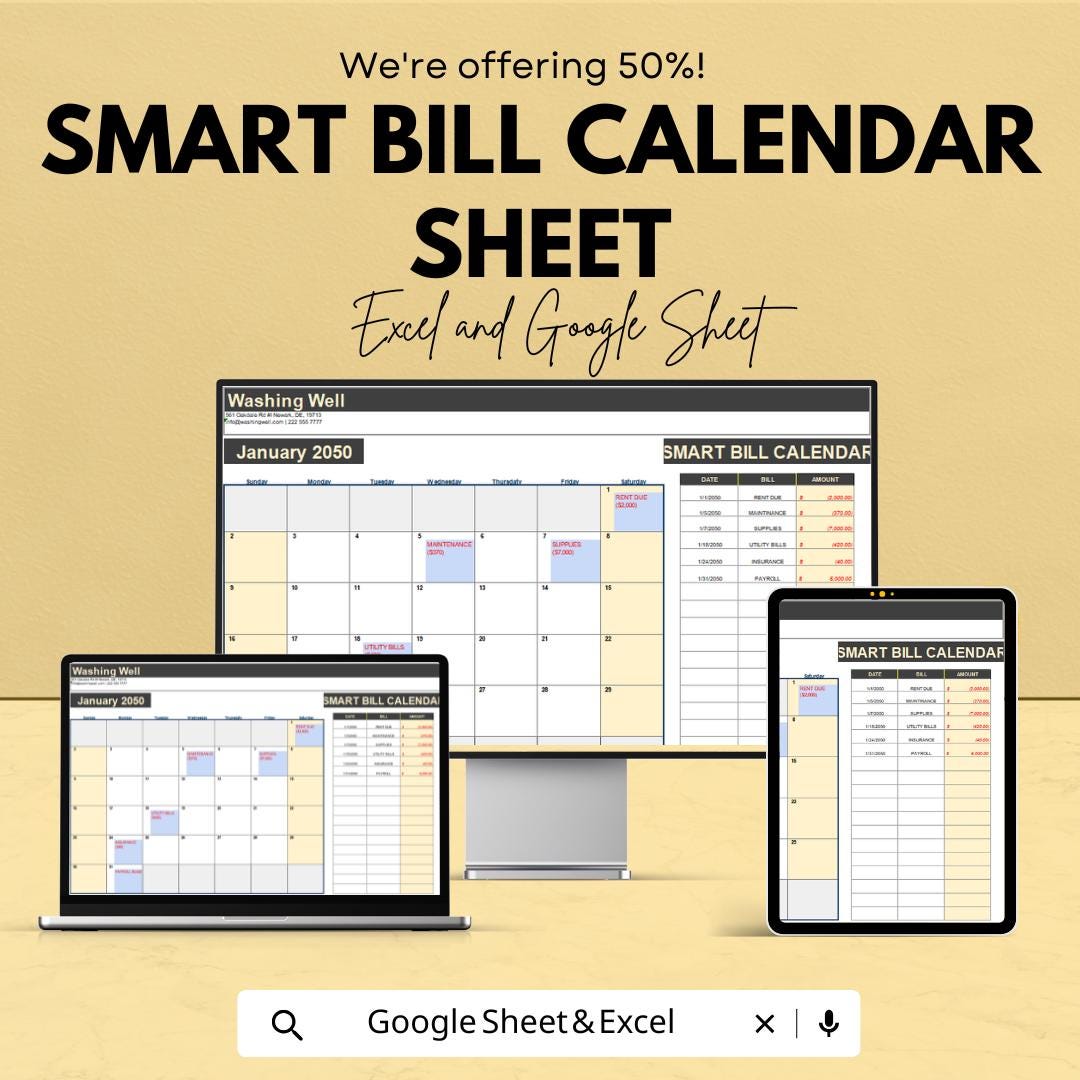 Smart Bill Calendar Template - Excel & Google Sheets - Track Bills and Due Dates - Organize Monthly Payments - Budget Management