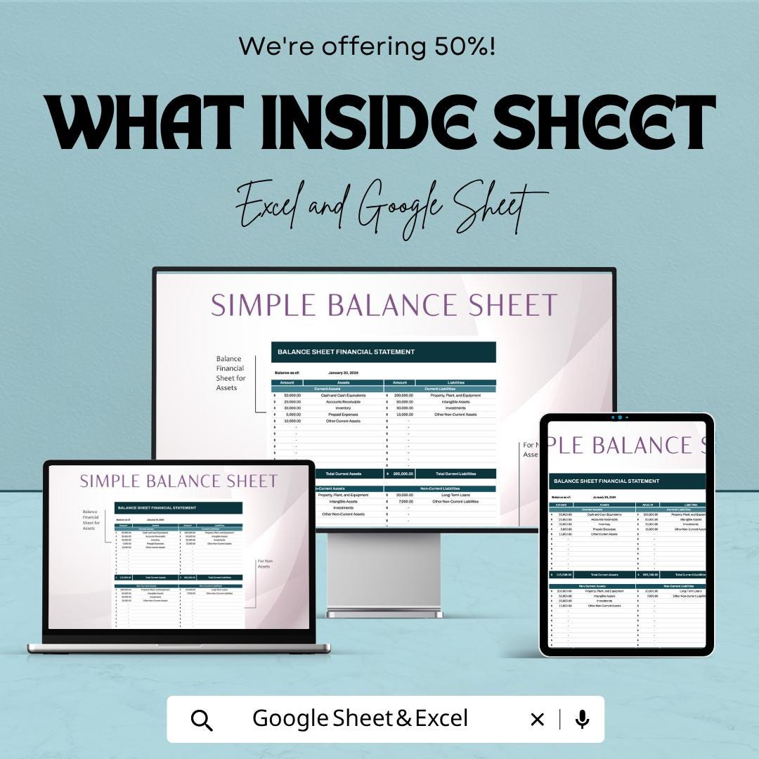 Balance Sheet Financial Statement Template | Balance Sheet Spreadsheet | Business Financial Statement Template | Excel & Google Sheets |