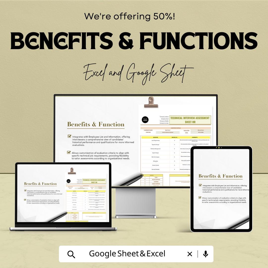 Technical Interview Assessment Sheet Template | Candidate Evaluation Form | Hiring Scorecard Spreadsheet | HR Interview Tracker