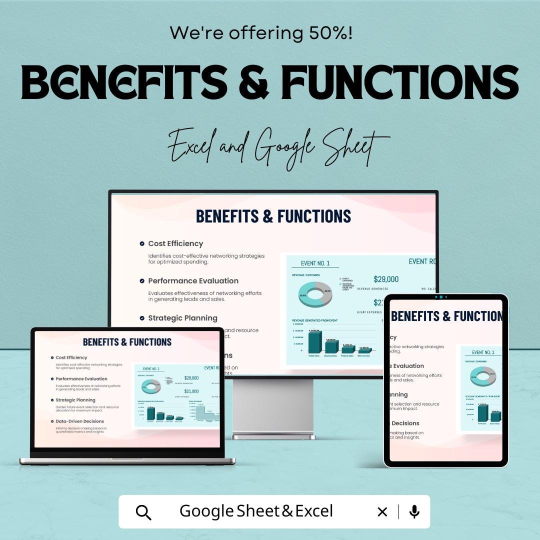 Sales Networking Event ROI Calculator Sheet - Excel and Google Sheets Template for Event Planning, Performance Metrics, & Cost Tracking