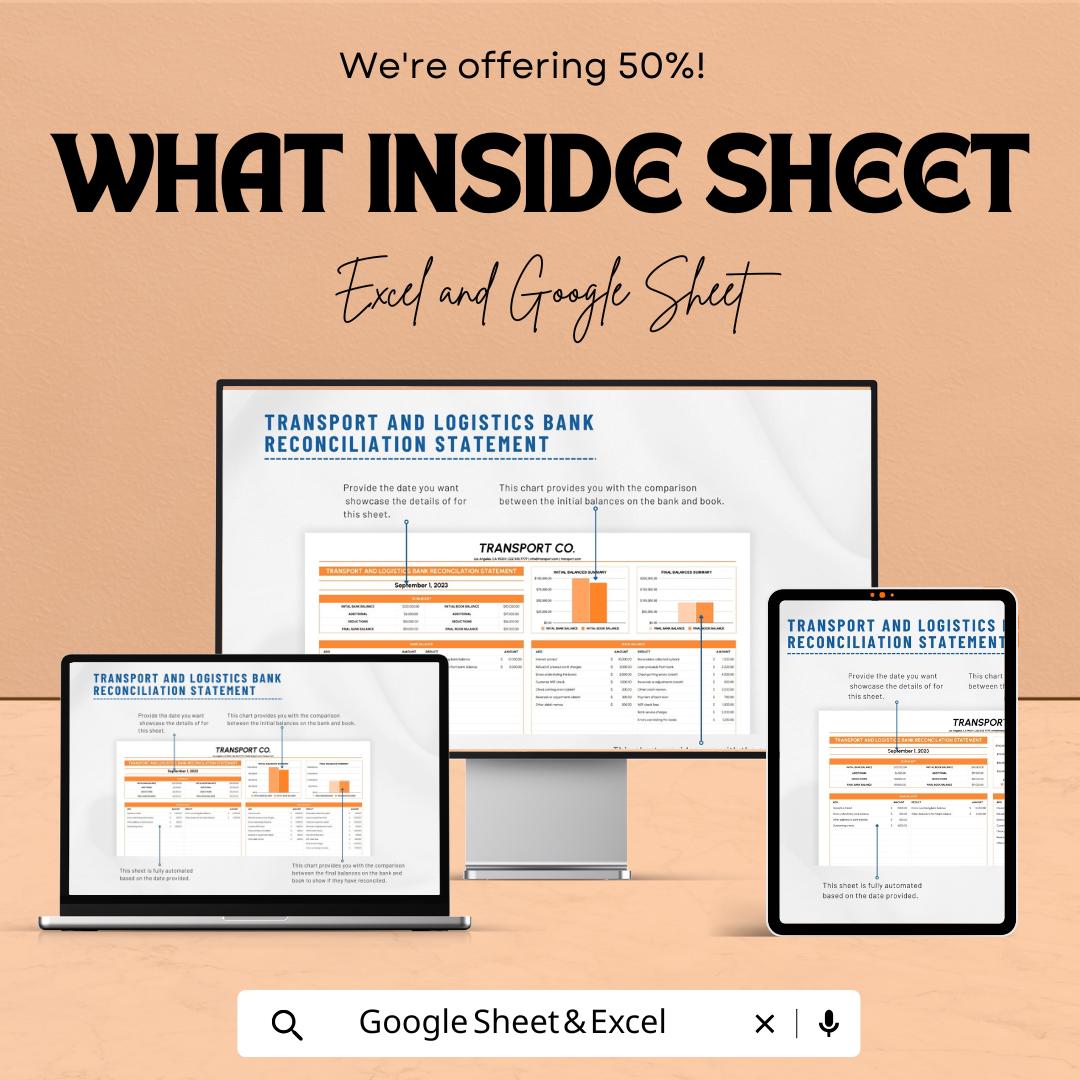 Transport and Logistics Bank Reconciliation Statement | Excel and Google Sheet Template | Financial Tracker | Digital Download