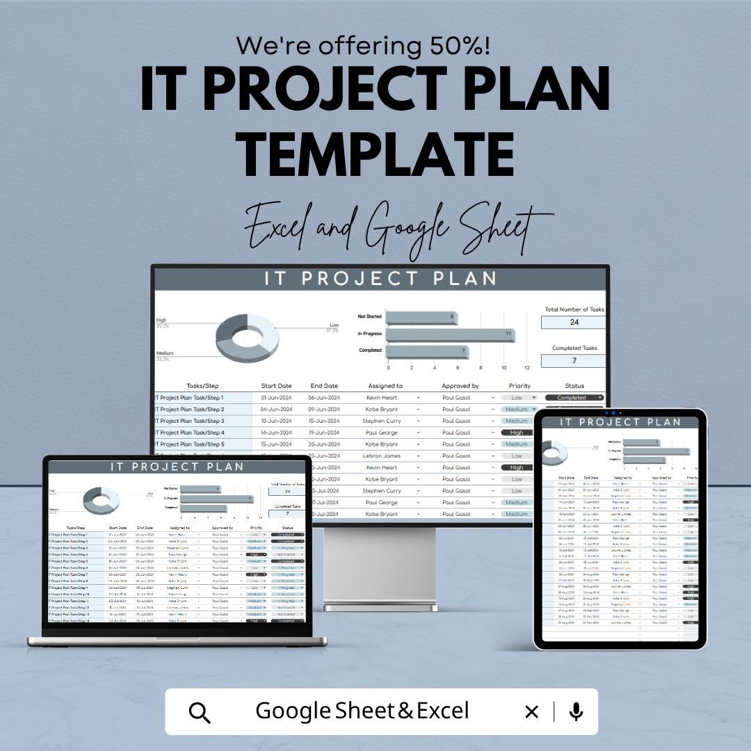 IT Project Plan Template | Project Management Planner | IT Project Tracker | Task Timeline Spreadsheet | Business Planning Tool