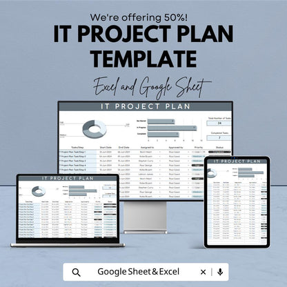 IT Project Plan Template | Project Management Planner | IT Project Tracker | Task Timeline Spreadsheet | Business Planning Tool
