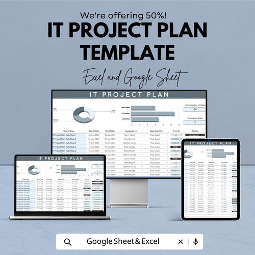 IT Project Plan Template | Project Management Planner | IT Project Tracker | Task Timeline Spreadsheet | Business Planning Tool