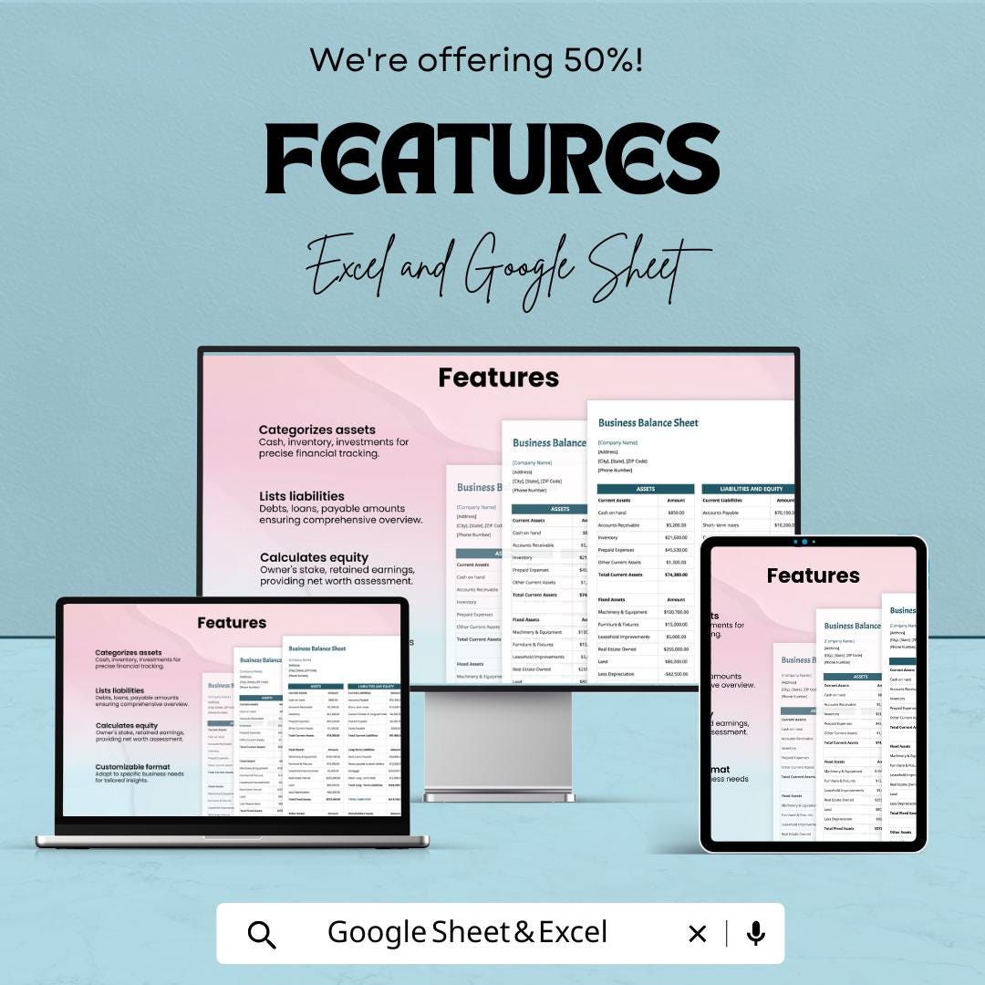 Small Business Balance Sheet - Excel & Google Sheet Template | Financial Tracking for Small Businesses | Easy-to-Use | 50% Off