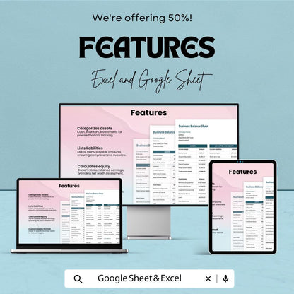 Small Business Balance Sheet - Excel & Google Sheet Template | Financial Tracking for Small Businesses | Easy-to-Use | 50% Off