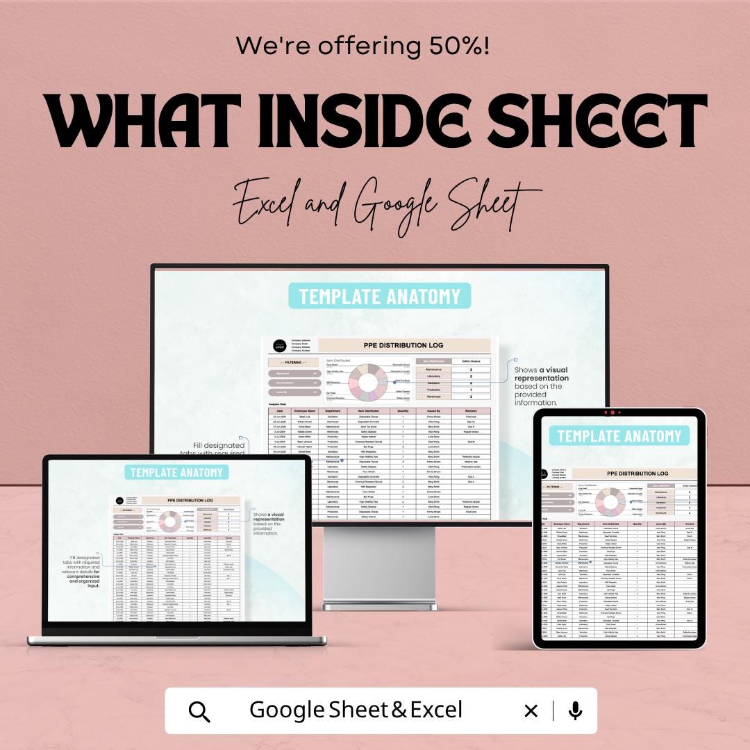 PPE Distribution Log Template | Safety Equipment Tracking Sheet | PPE Inventory Tracker | Excel & Google Sheets | Employee PPE Record Log