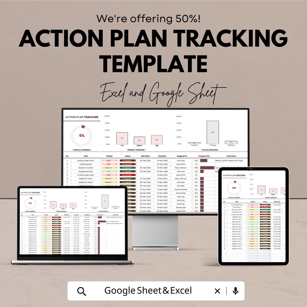 Action Plan Tracking Template | Project Tracker Spreadsheet | Task Progress Dashboard | Business Planning Tool | Goal Tracker