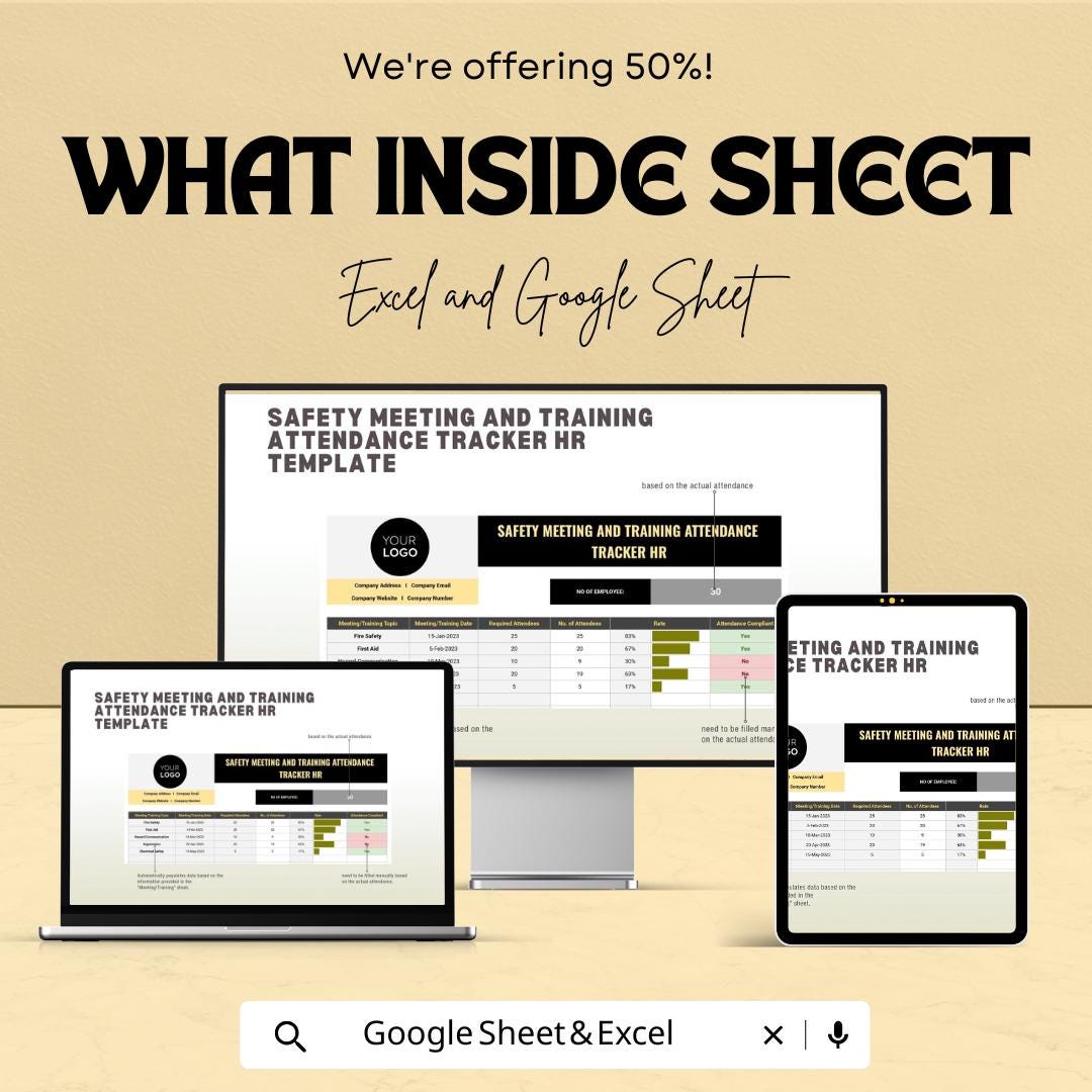 Safety Meeting and Training Attendance Tracker HR Template | Excel & Google Sheets | Workplace Safety Compliance Tracker