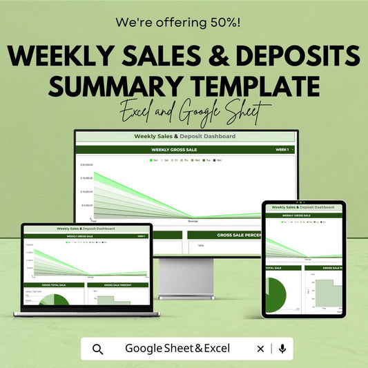 Weekly Sales and Deposits Summary Template | Sales Dashboard Spreadsheet | Weekly Sales Tracker | Deposit Log
