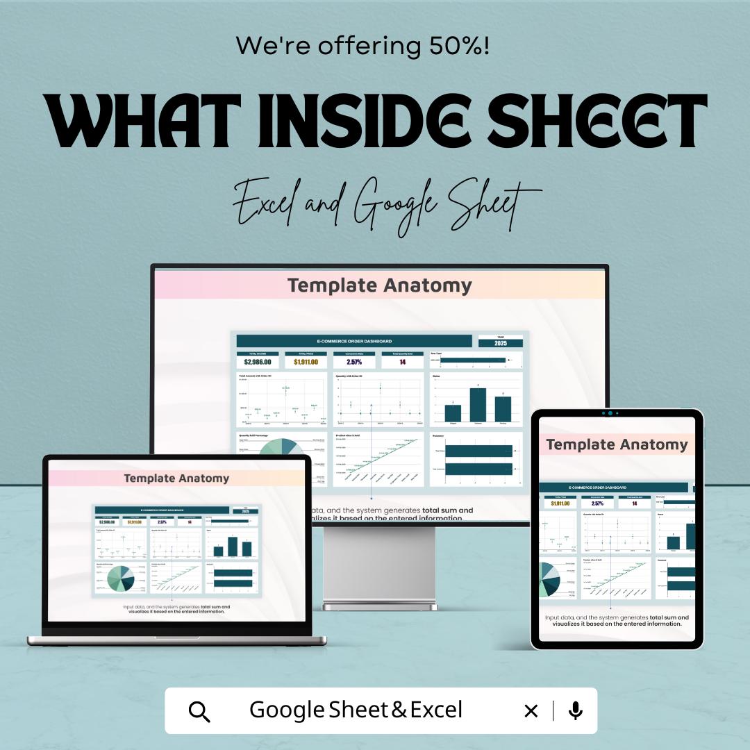 E-commerce Order Dashboard Template | Order Tracker | Sales Analytics Spreadsheet | Inventory & Fulfillment KPI Dashboard