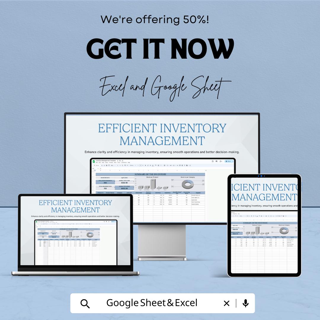 Efficient Inventory Management Sheet - Excel & Google Sheets Template for Inventory Tracking, Stock Control, and Product Analysis