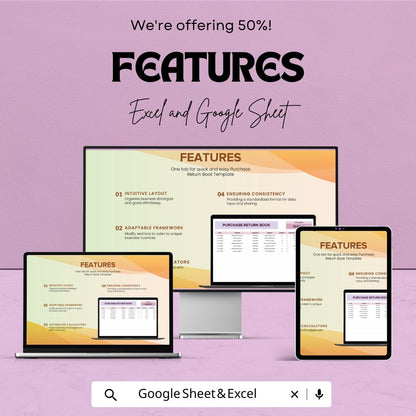 Purchase Return Book Template | Purchase Return Register | Business Accounting Log | Inventory Return Tracker