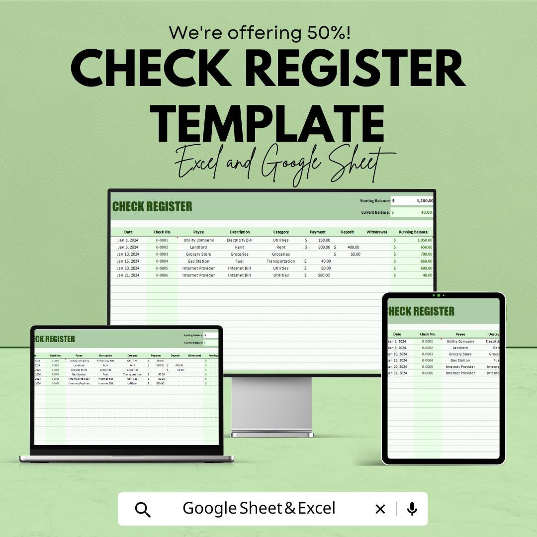 Check Register Template | Editable Checkbook Ledger | Personal Expense Tracker | Digital Download