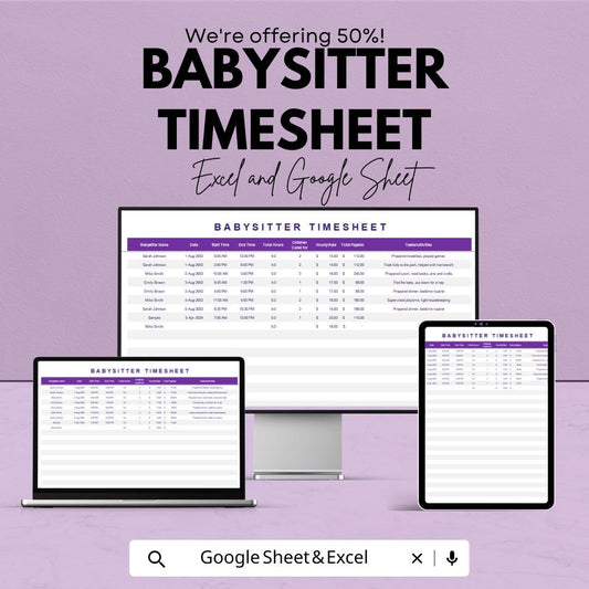 Babysitter Timesheet for Excel & Google Sheets – Track Hours Worked, Payment Log, Childcare Timesheet, Editable Babysitting Log, 50% Off