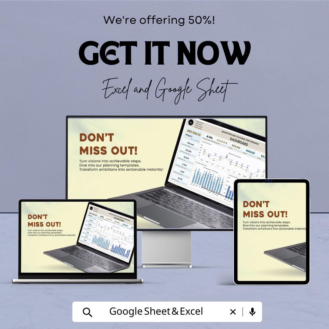 Marketing Multichannel Performance Dashboard Template Excel Google Sheets, Marketing Analytics Dashboard, KPI Tracker Spreadsheet
