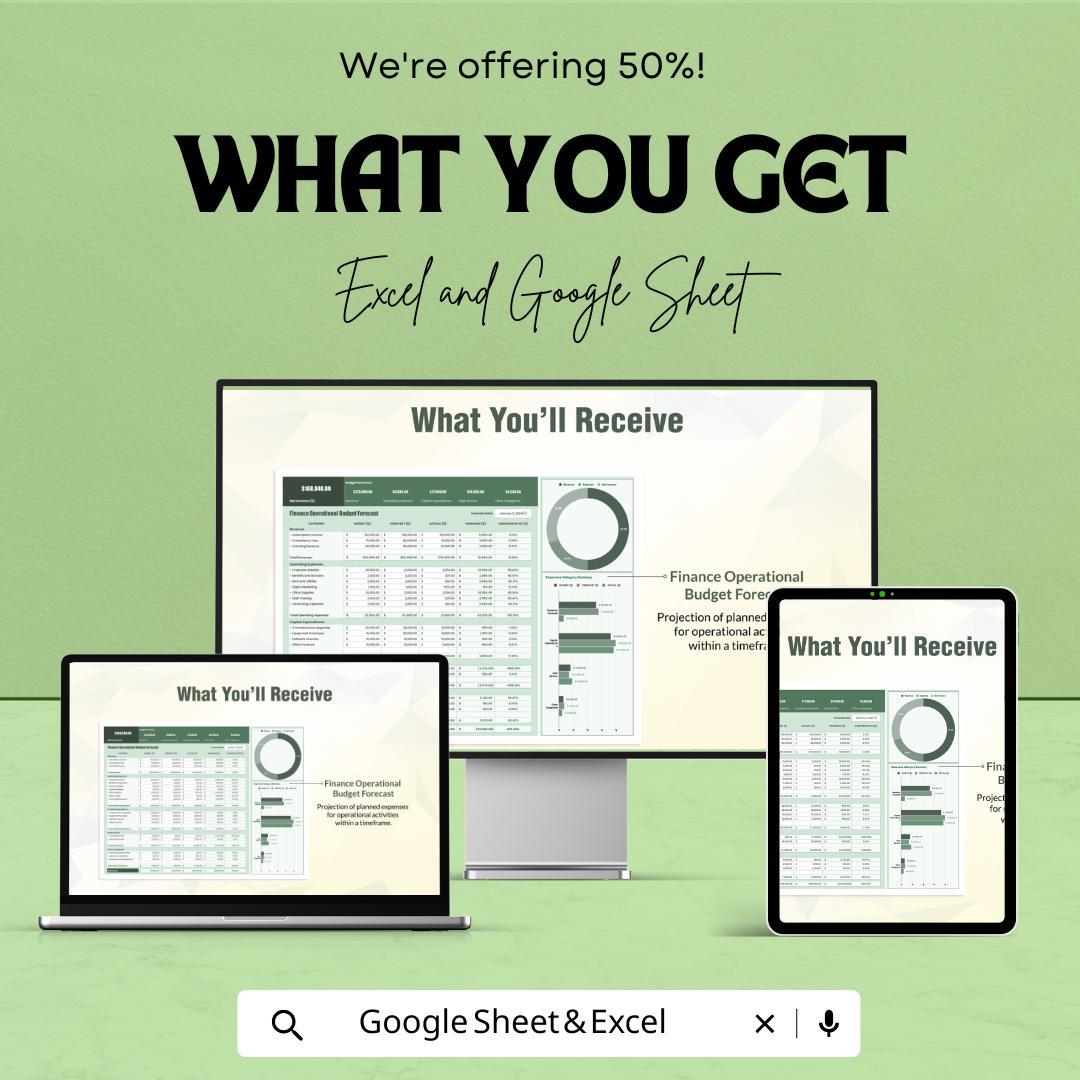 Finance Operational Budget Forecast Sheet | Monthly Expense Forecast Tracker | Excel & Google Sheets Template