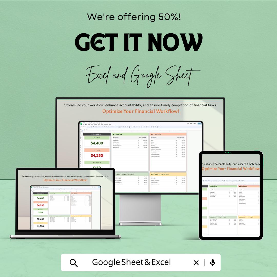 Daily Accounting Template | Excel & Google Sheets | Expense Tracker | Revenue Tracker | Cash Flow Template | Small Business Accounting