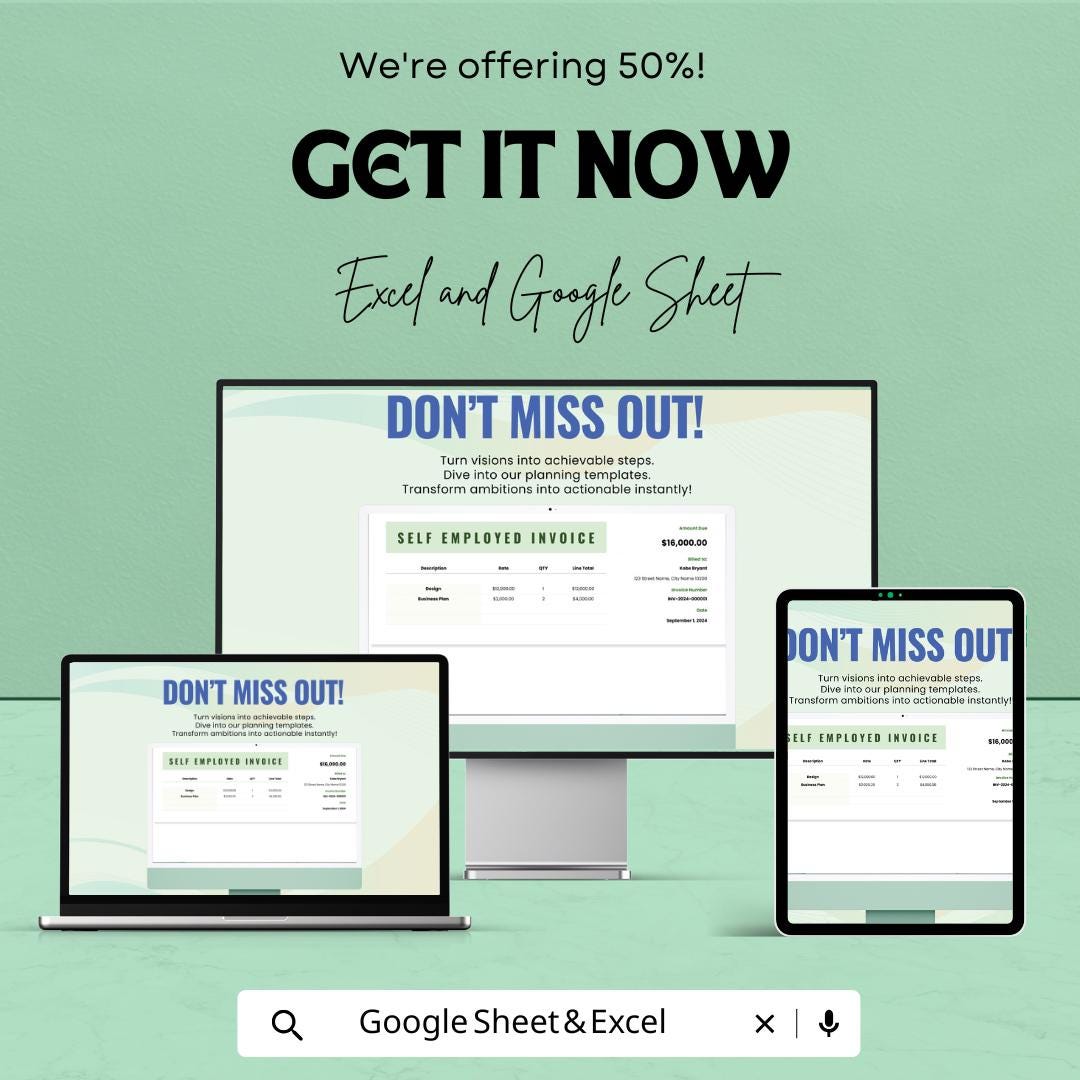 Self Employed Invoice Template | Business Invoice for Freelancers | Editable Billing Spreadsheet | Digital Invoice Template