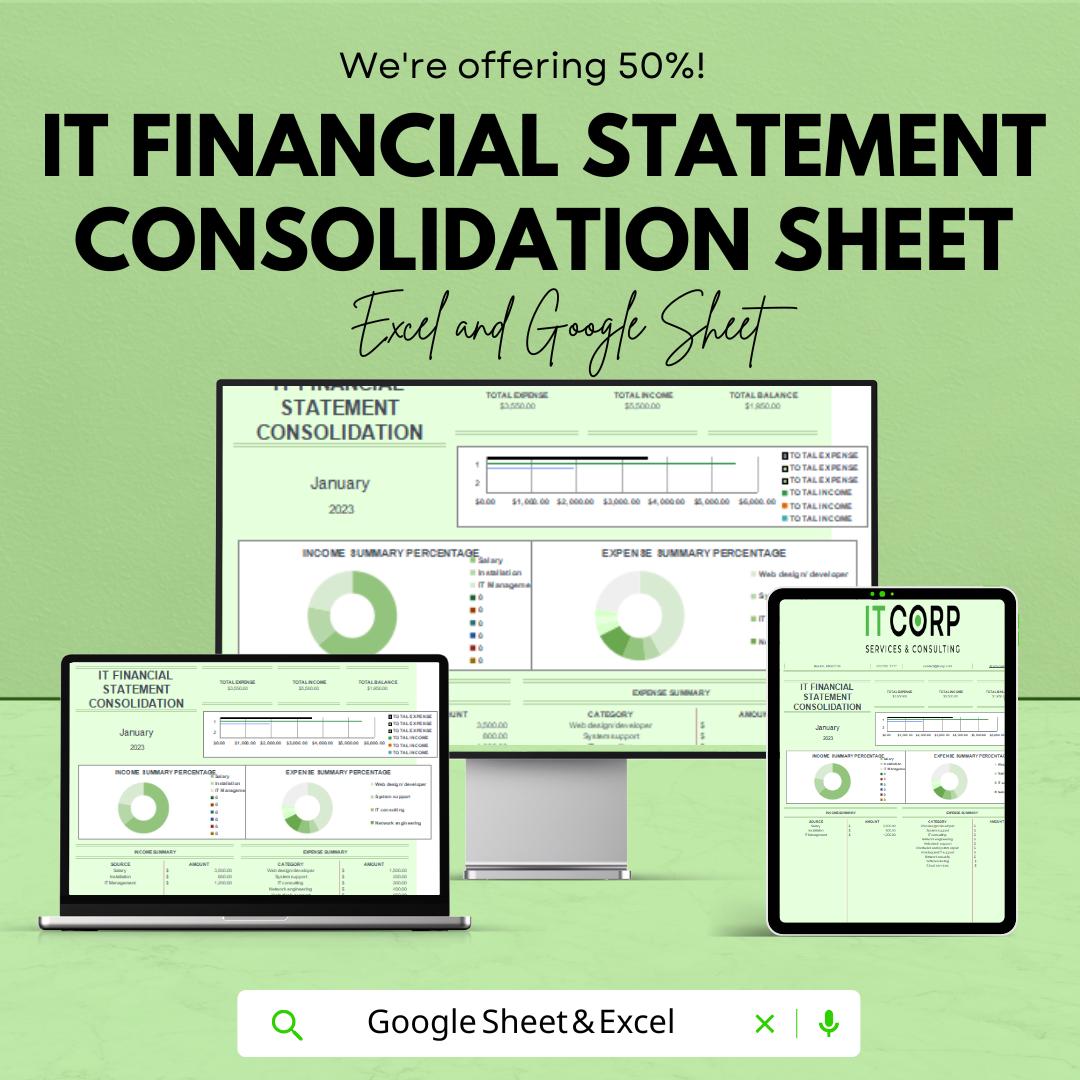 IT Financial Statement Consolidation Sheet - Google Sheets Template - Monthly Income & Expense Tracker for IT Business - Budget Planning