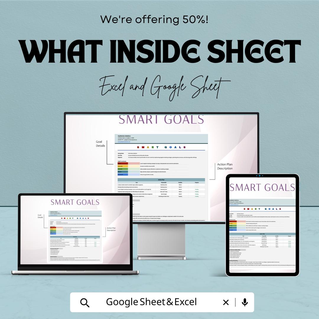 Smart Goals Sheet | Excel and Google Sheets Template | Goal Setting, Progress Tracker & Productivity Planner | Instant Download