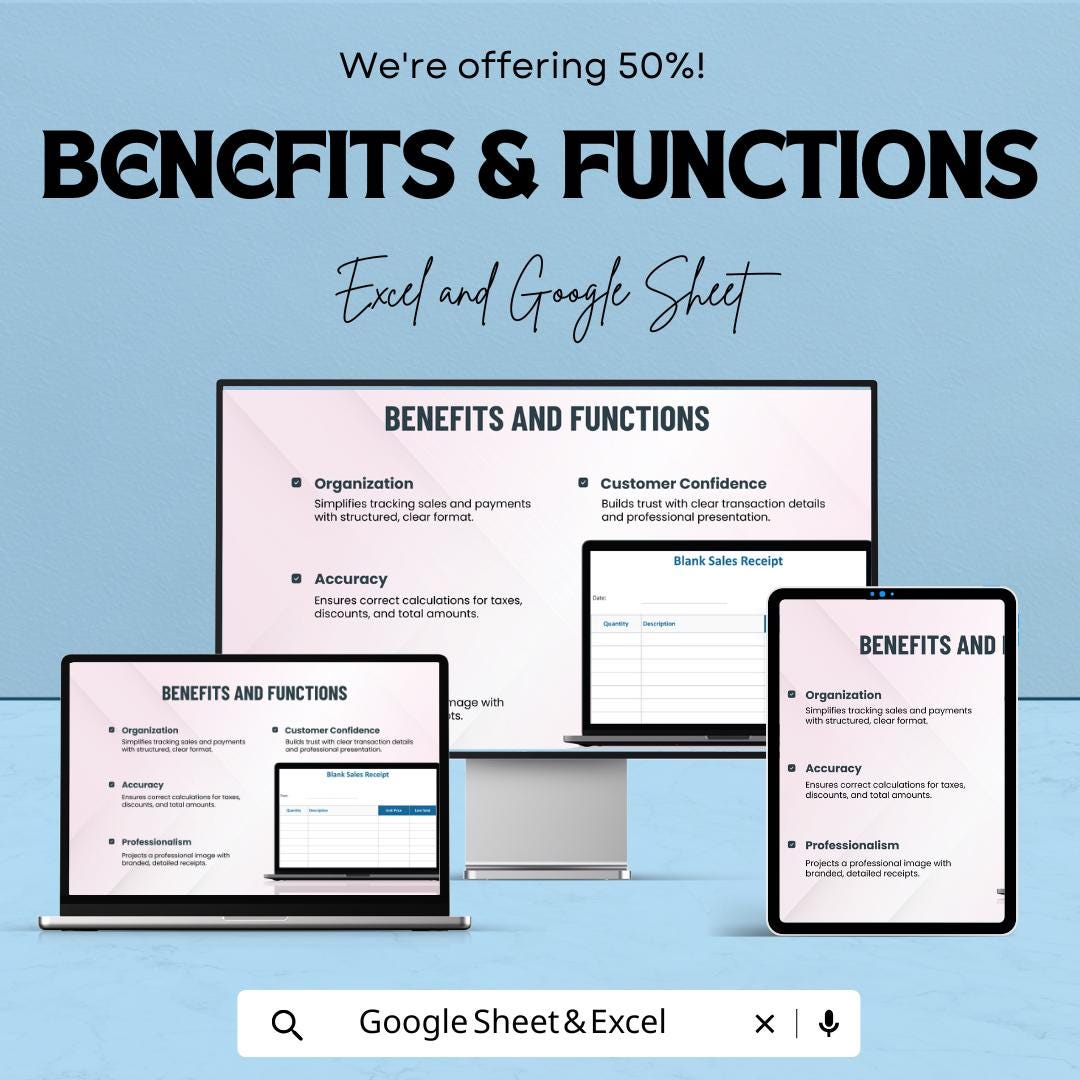 Simple Blank Sales Receipt Sheet - Excel & Google Sheets Template | Easily Track Sales and Payments | 50% Off