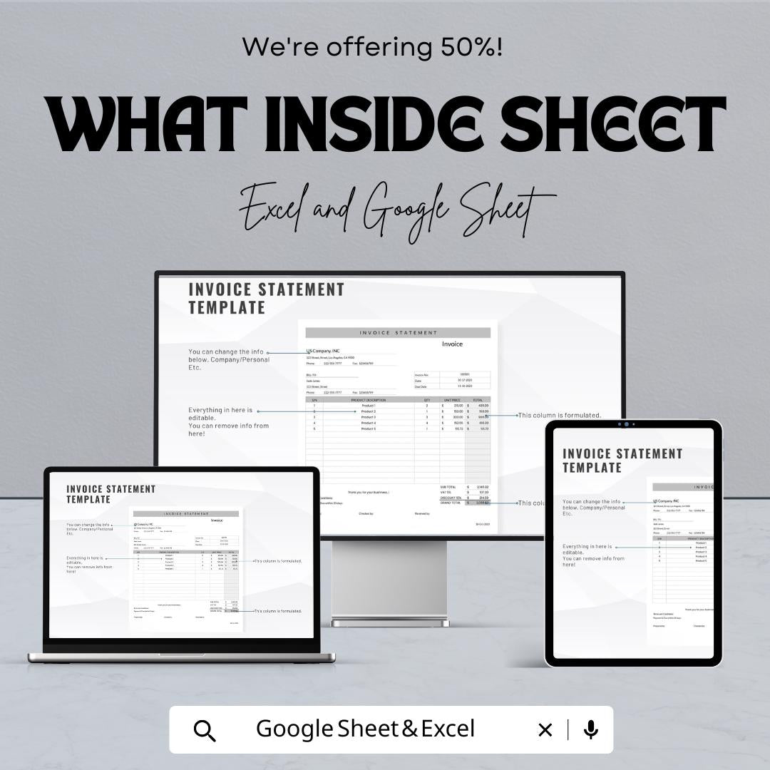 Invoice Statement Sheet Template | Excel and Google Sheets | Business Invoice Form | Billing & Payment Tracker | Digital Download