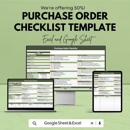 Purchase Order Checklist Template | Procurement Tracker | Vendor Management Spreadsheet | PO Tracker | Excel & Google Sheets |