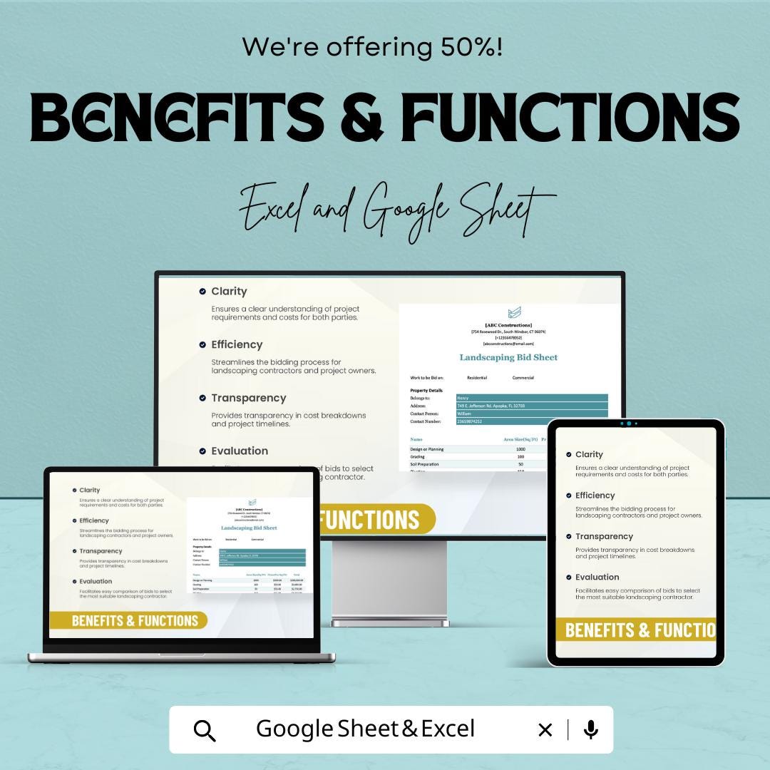 Landscaping Bid Sheet Template | Professional Excel & Google Sheet | Project Cost Breakdown | Easy to Customize | Instant Download