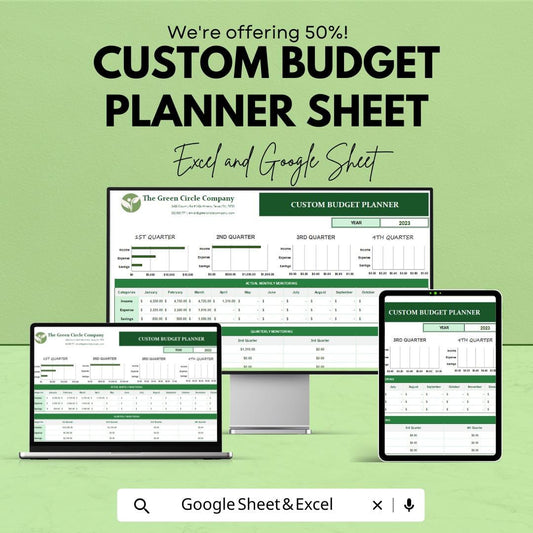 50% OFF - Custom Budget Planner Sheet - Excel & Google Sheets | Personalize Your Financial Plan | Monthly, Quarterly and Yearly Budgeting