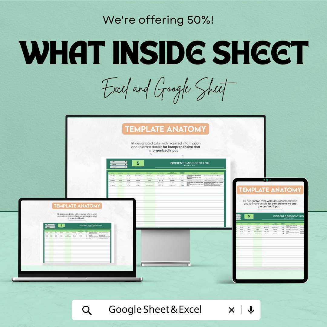 Workplace Incident and Accident Log Template | Safety Incident Report Tracker | Injury & Near Miss Log | Excel and Google Sheets